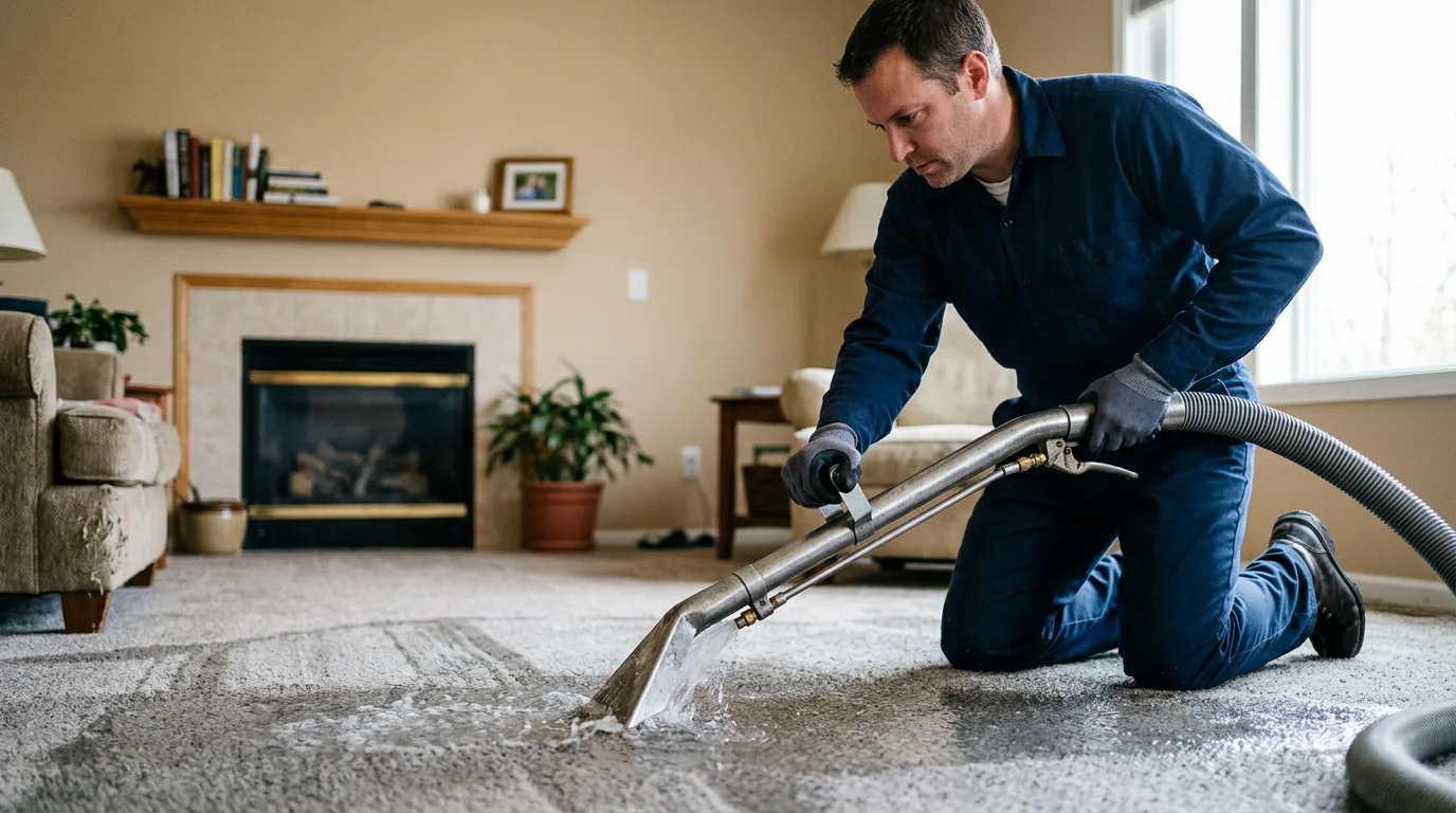 Water damage restoration technician working near Eastport, NY